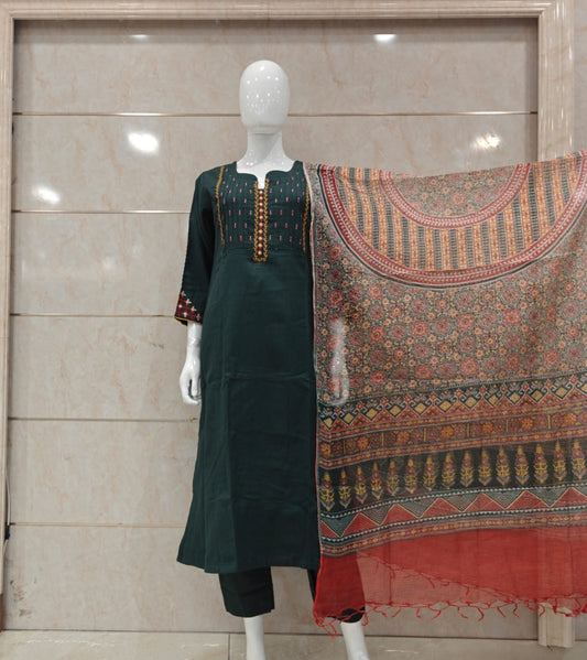 Pure cotton with kota doriya dupatta stylish three piece set (C570)