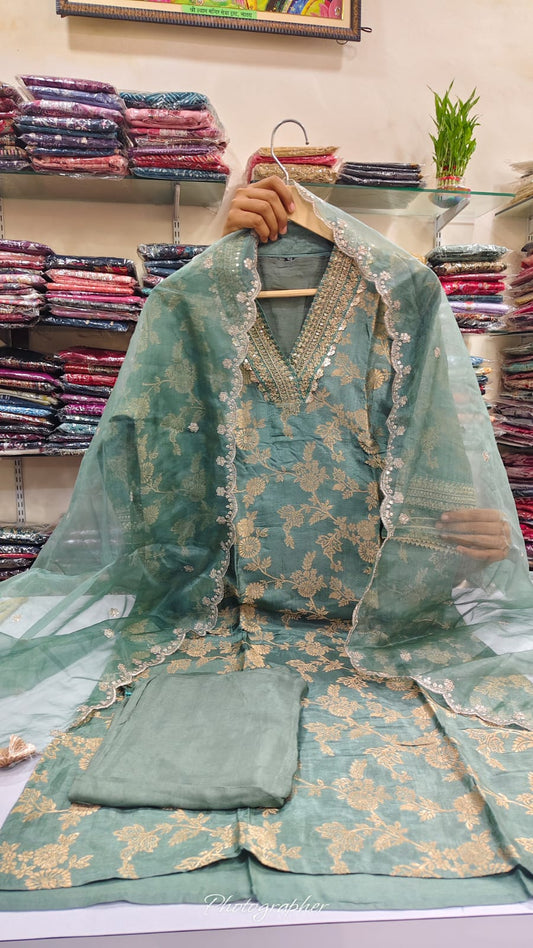 Banarasi silk with mul lining three piece set (A768)