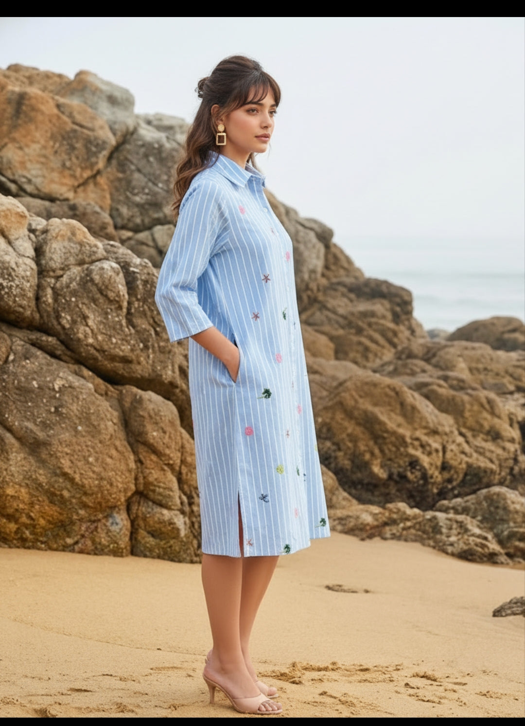 Cotton linen with thread work smart one piece dress (S210)