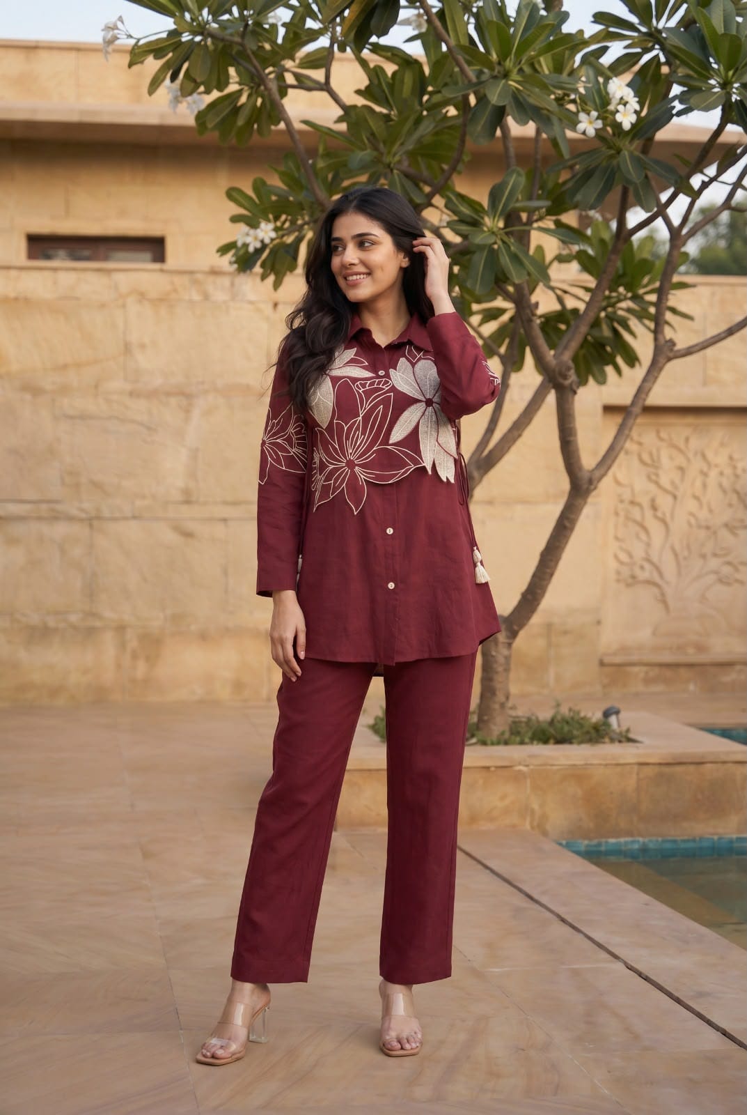 Cotton linen with embroidered shirt smart two piece cordset (C458)