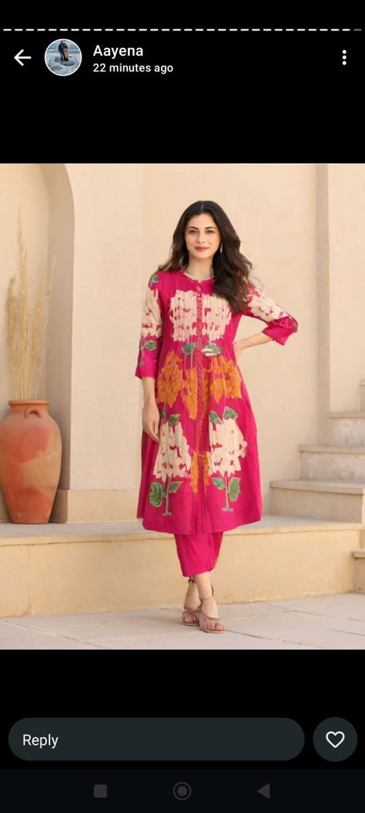 Dark pink mul cotton with lining two piece set (A676)