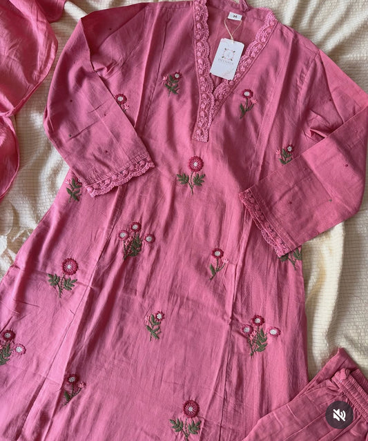 Light pink mul cotton fully thread work three piece set (A1026)