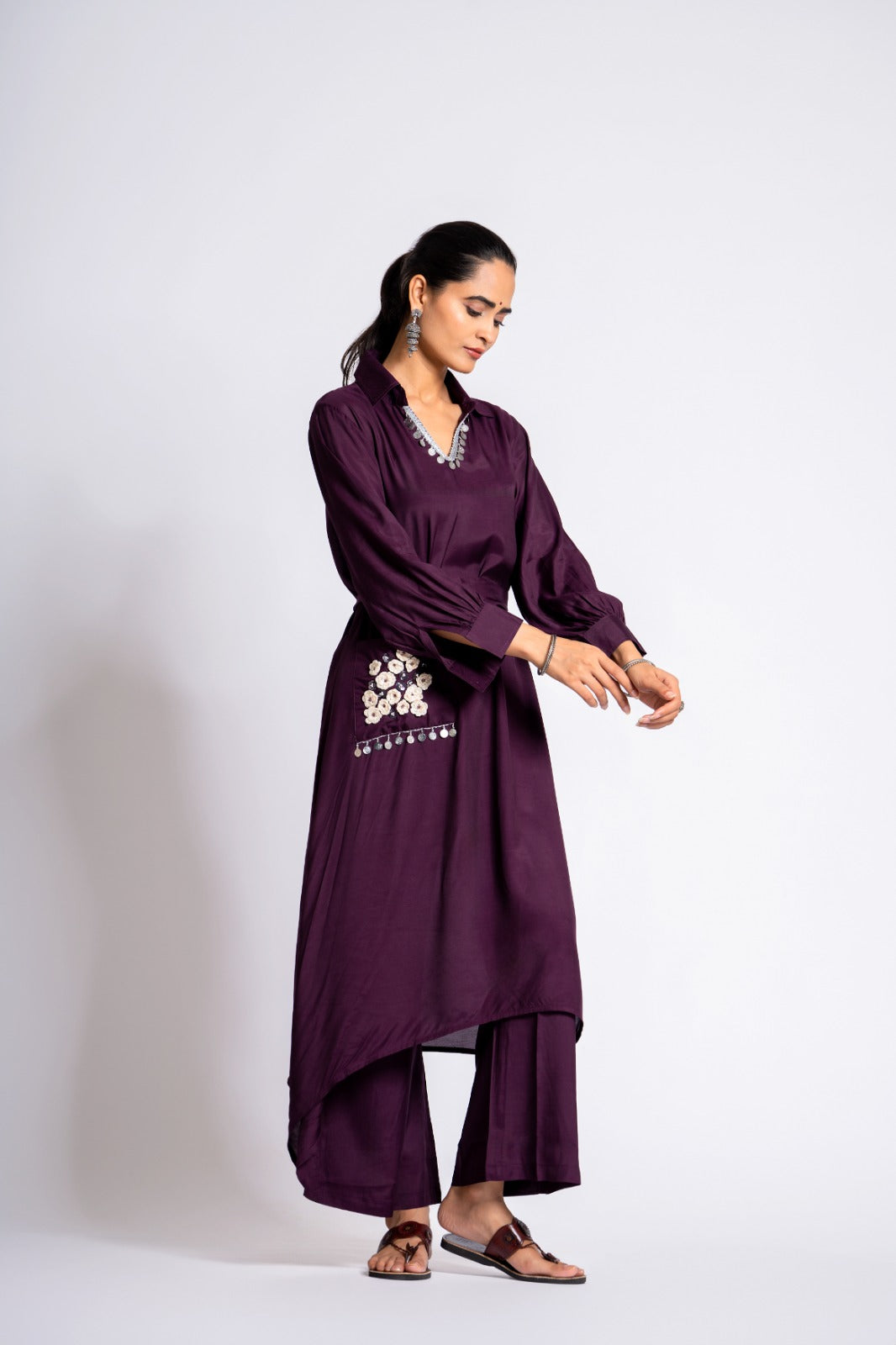 Purple solid designer two piece pure muslin cordset (T129)