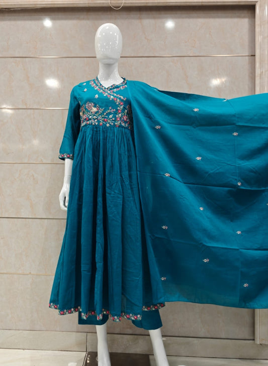 Firozi blue mul cotton Angrakha pattern three piece set (A1021)