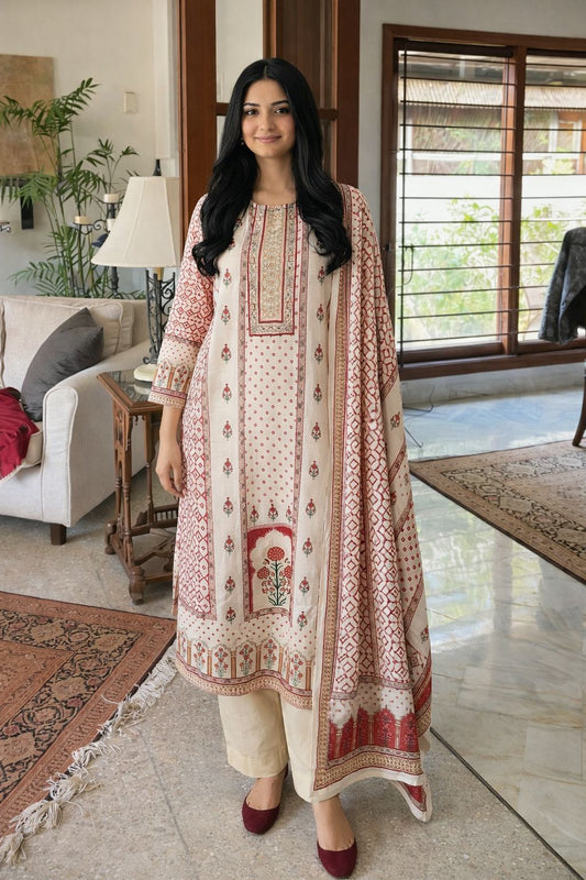 Pure linen with placement print smart three piece set (B267)