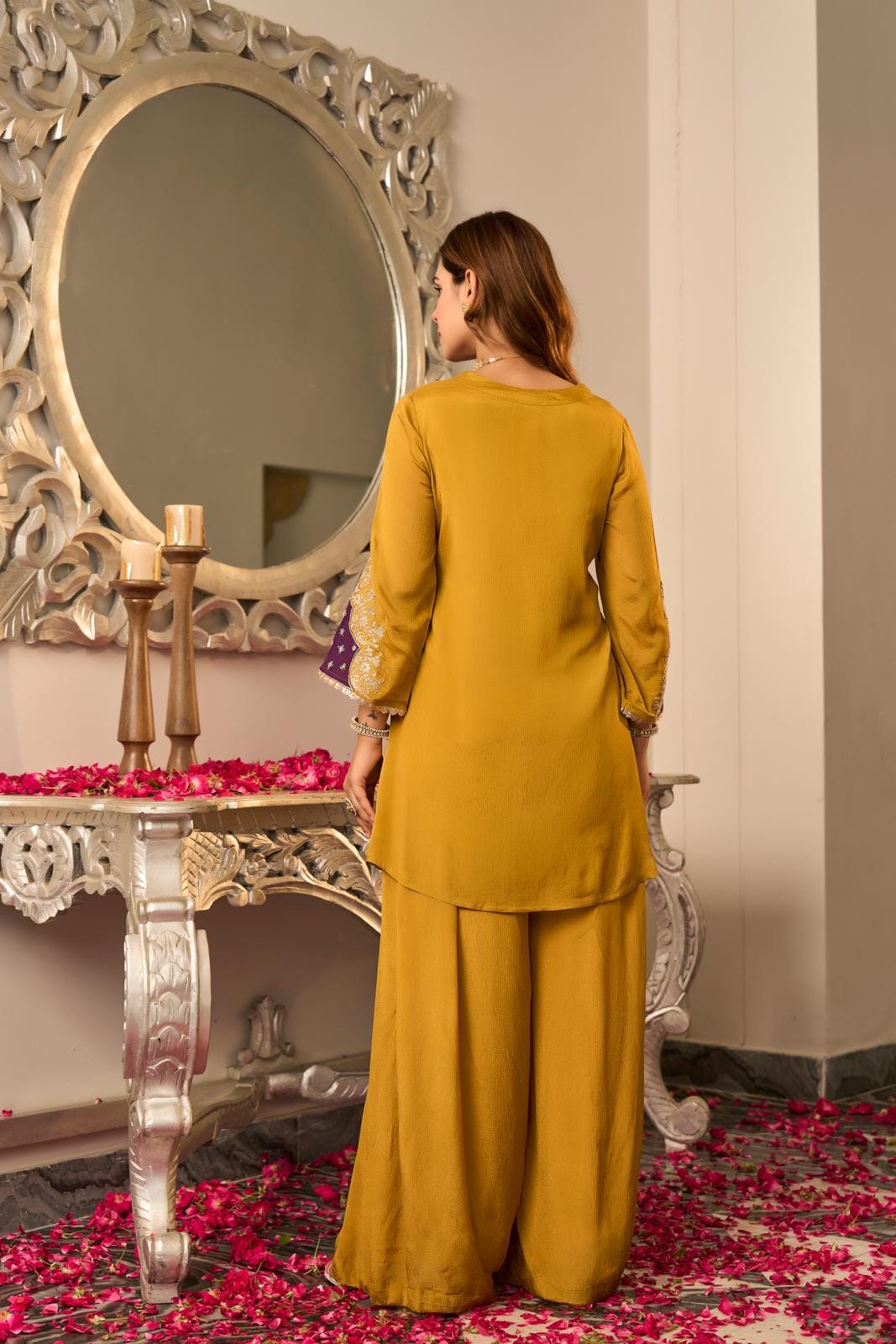 Pure chinnon with flared sharara mul cotton lining three piece set (S425)