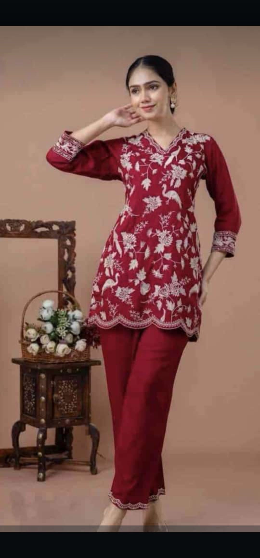 Dark red pure cotton linen with full thread work two piece cordset (P912)