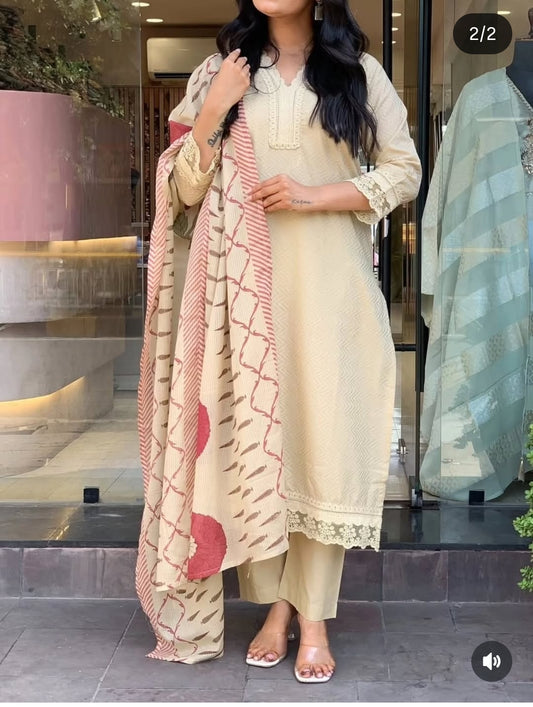 Pure cotton weaved with original block print duptta three piece set (B807)