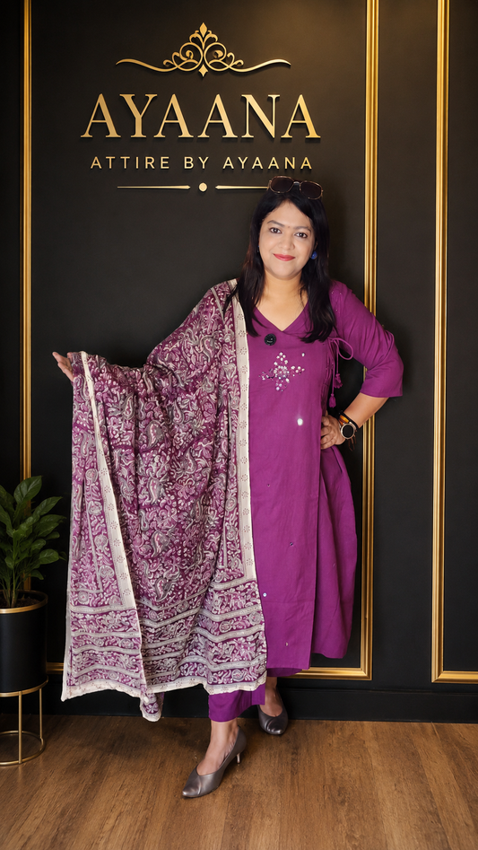 Purple pure cotton Angrakha pattern with kalamkari dupatta three piece set (B866)