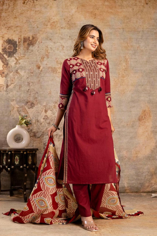 Mahroon pure cotton three piece set (P2074)