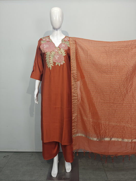 Orange pure mul silk with tissue dupatta three piece set   (A948)