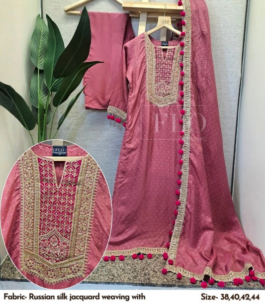 Premium dola silk with zari weaving in the entire kurta and dupatta with zari detailing n Pom Pom lace in pink (A1564)