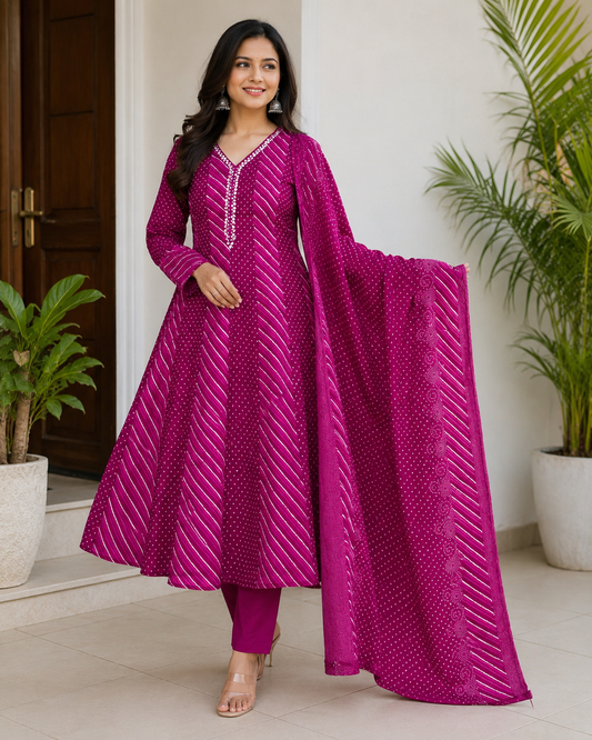 Purple 🟣 Lehriya mul cotton with lining three piece set (C115)