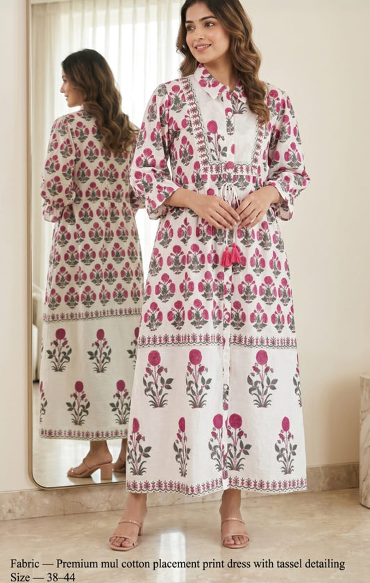 Pure cotton block print with string one piece dress (B611)