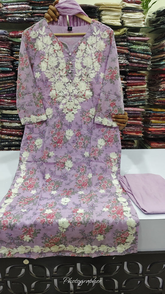 Lilac mul cotton with chikankari three piece set (C184)