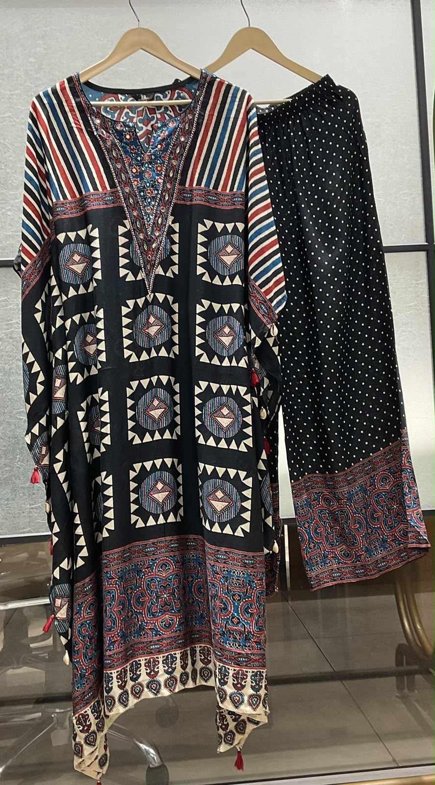 Natural crape Ajrakh print smart two piece kaftan set (C578)