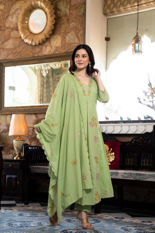 Pista green mul cotton flared fully thread work three piece set (P1771)