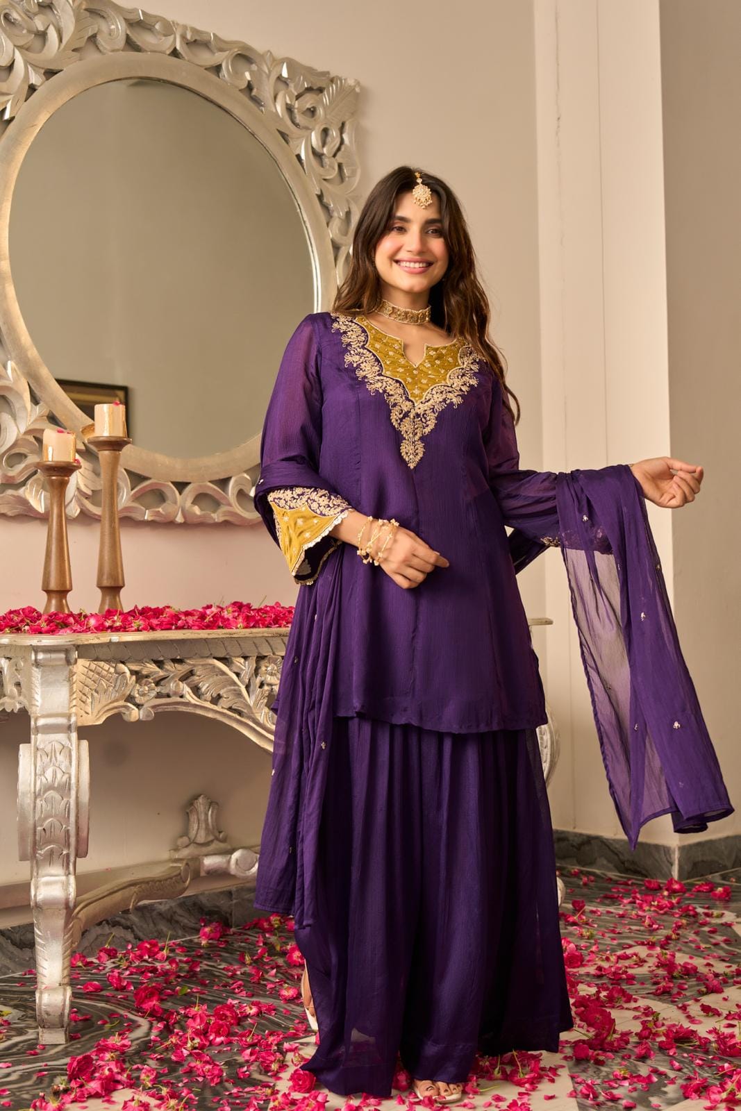 Pure chinnon with flared sharara mul cotton lining three piece set (S424)