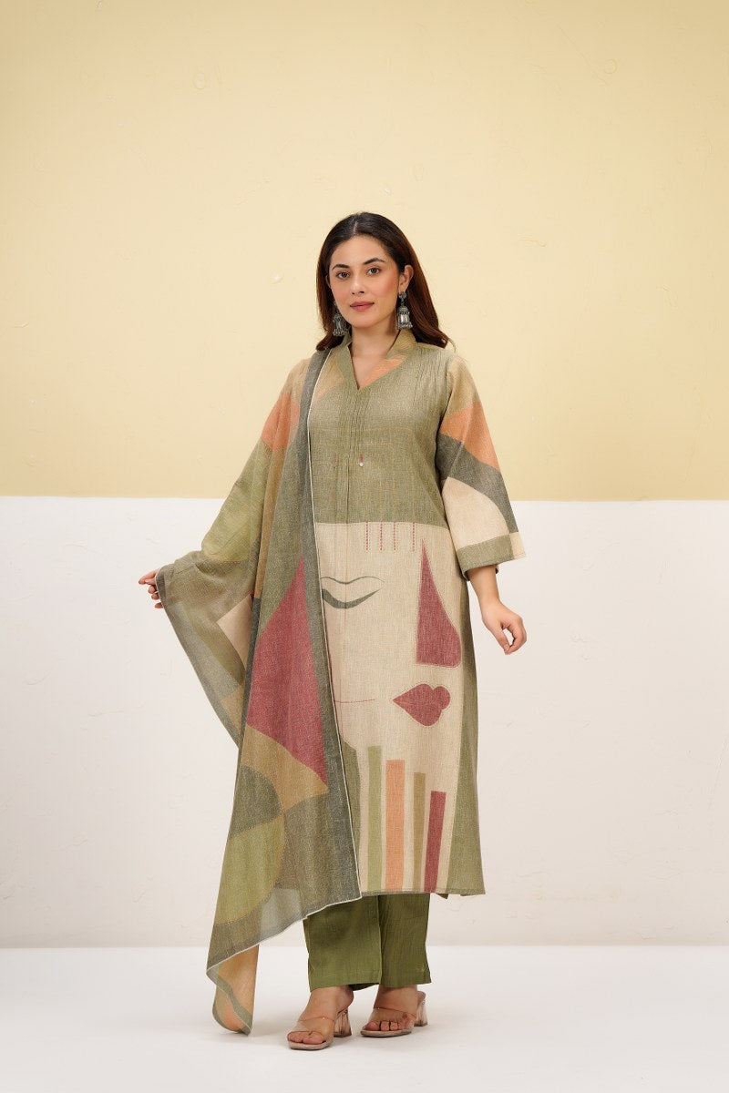Cotton linen smart three piece set (B694) (loose fit upto 46 can grabe)