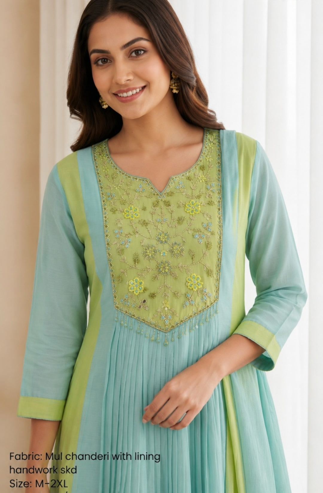 Mul chanderi with hand work three piece set (B1046)