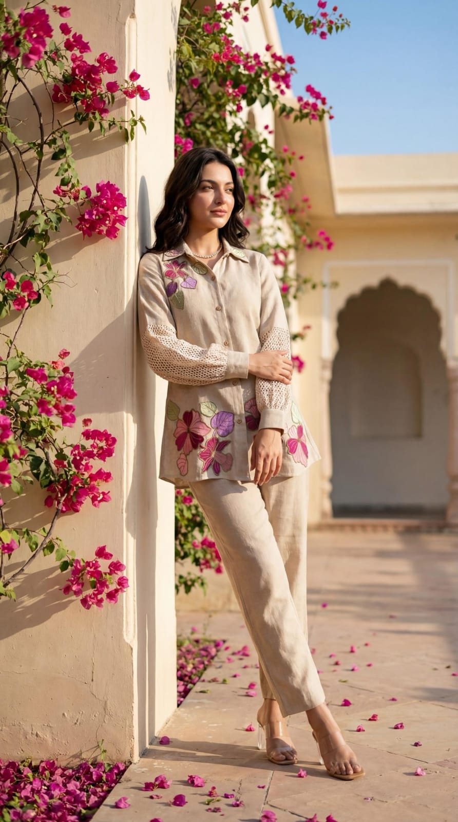 Jute with lining full applique work two piece cordset (B151)