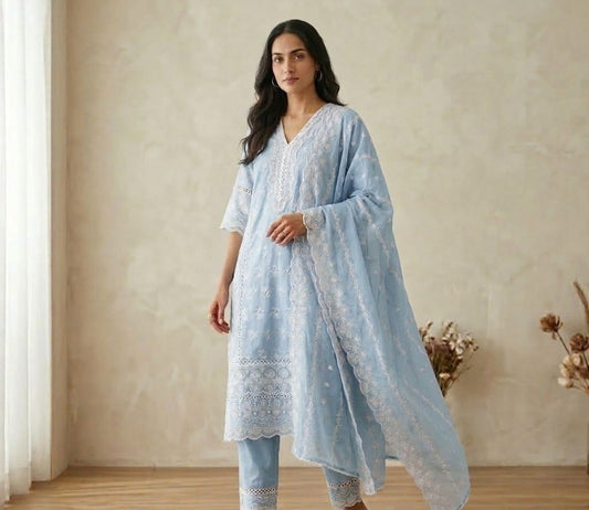 Full chikankari with mul lining three piece set (B331)