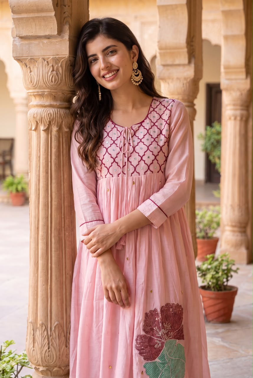 Pure mul chanderi with fully embroidered three piece set (C673)