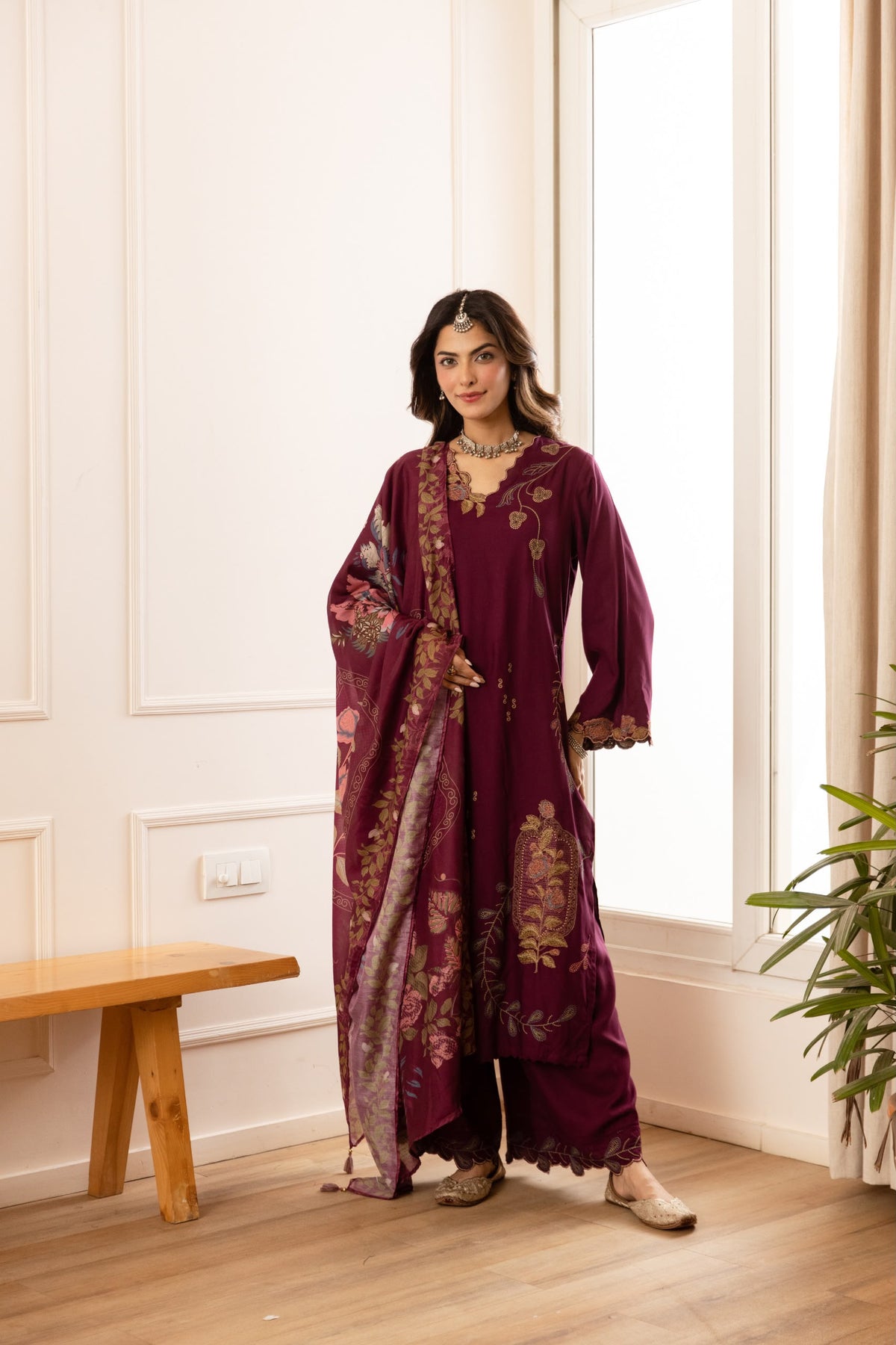 Cotton modal fully embroidered with printed dupatta three piece set (C800)