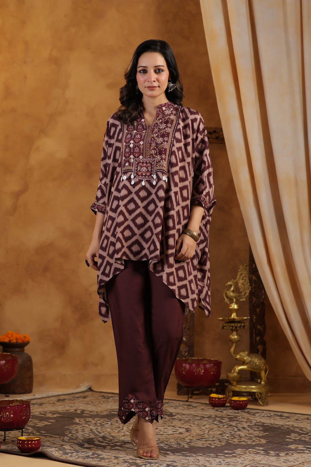 Ajrakh print pure muslin crape designer kaftan cordset (P1025)