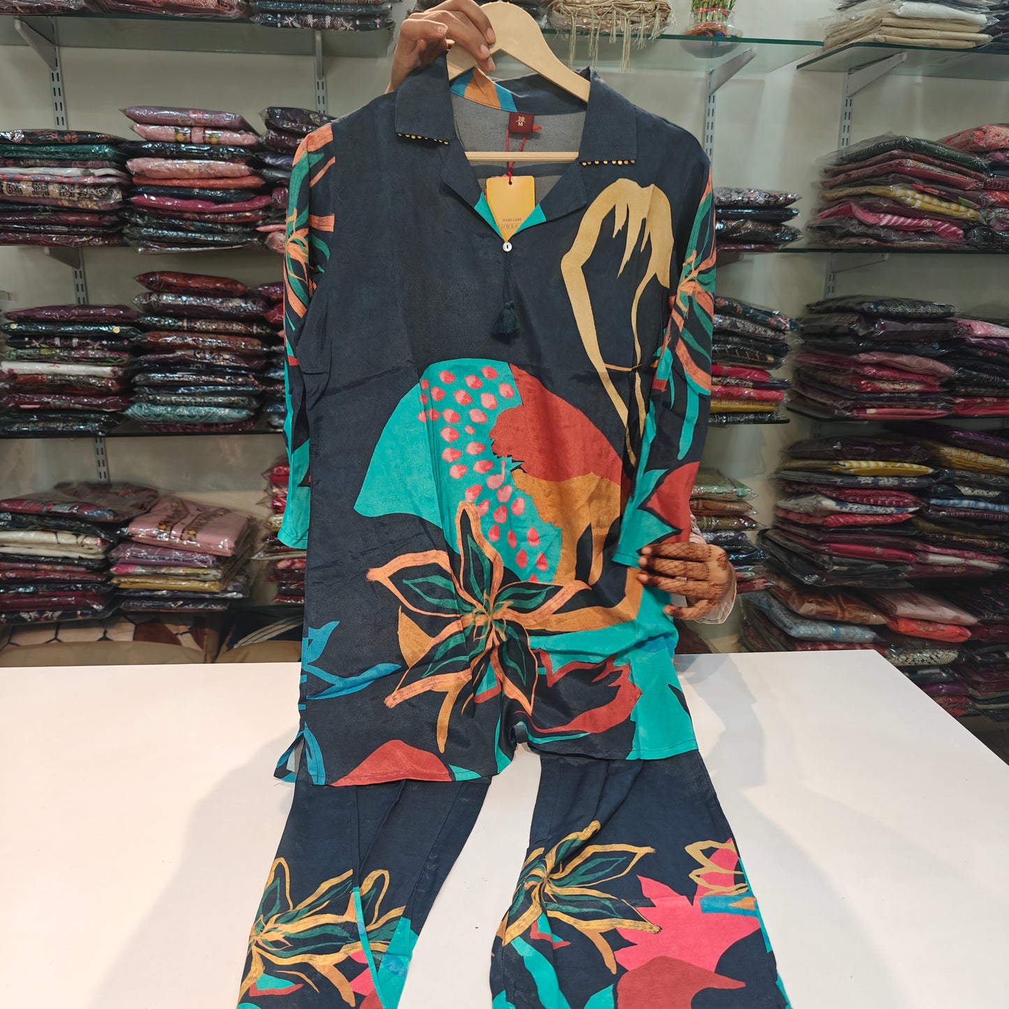 Blue pure mul silk digital print two piece cordset (A516)