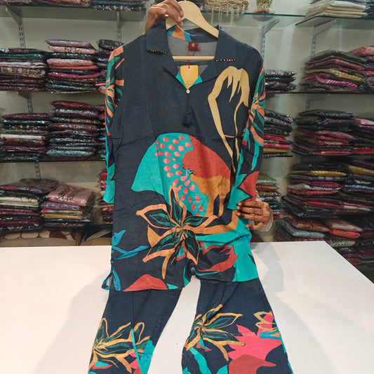 Blue pure mul silk digital print two piece cordset (A516)