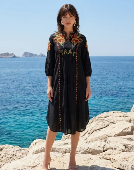 Black pure cotton with lining fully thread work one piece dress (S204)