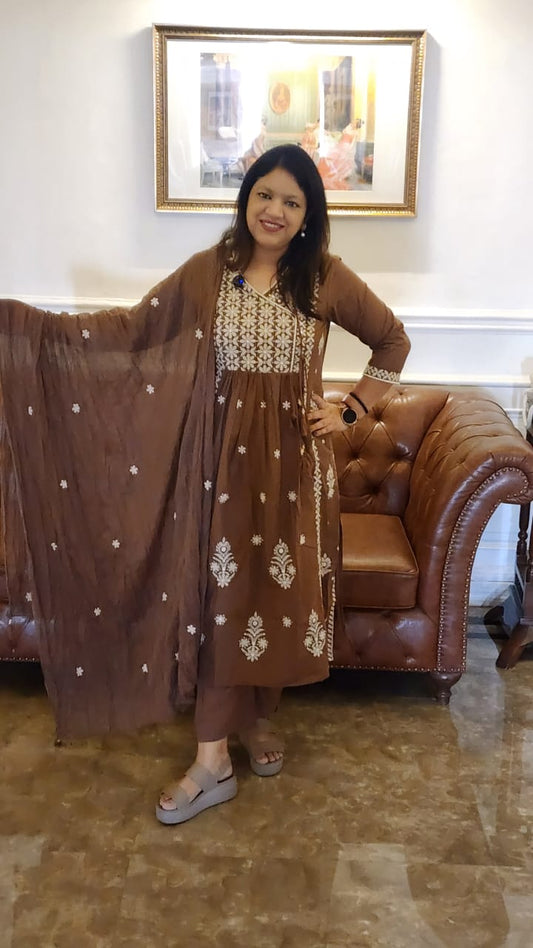 Brown pure cotton Angrakha pattern three piece set (P2181)