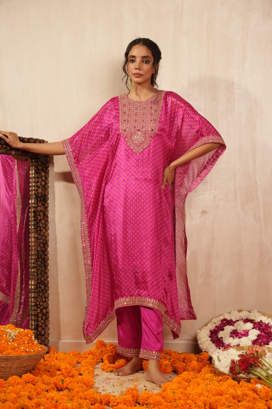 Rani pink pure crape with real mirror work bandani print kaftan set (P901)