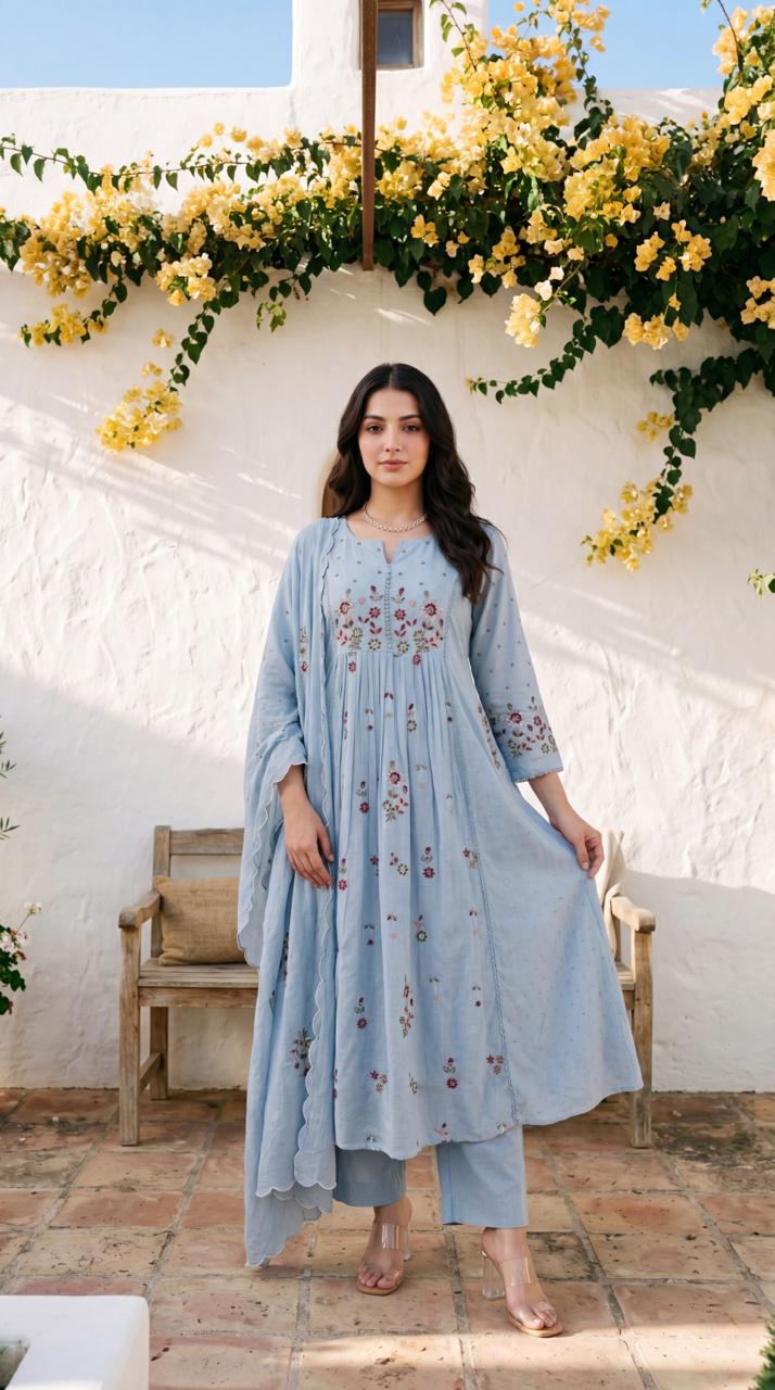 Dobby cotton with lining full thread work three piece set (B709)
