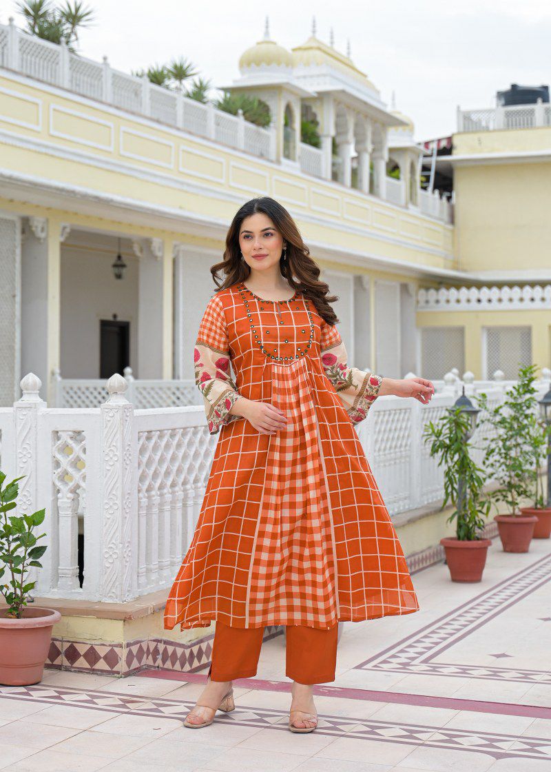 Mul cotton with lining A line pattern with both side deep mobile pocket two piece cordset (S114)