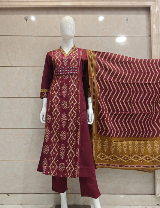 Pure cotton ikkat print with real mirror work three piece set (C456)