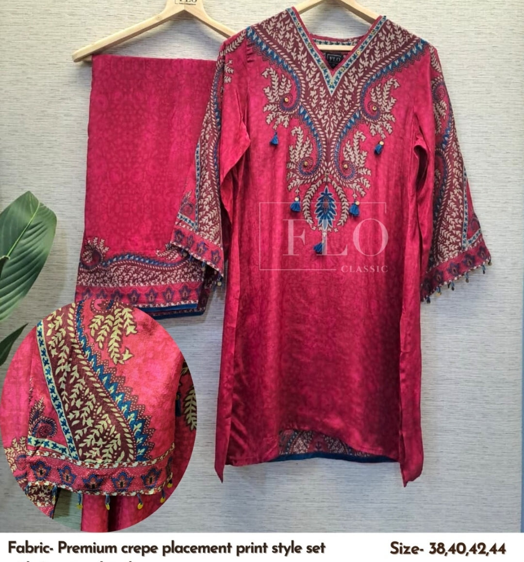 Pure crape placement print two piece cordset (B483)