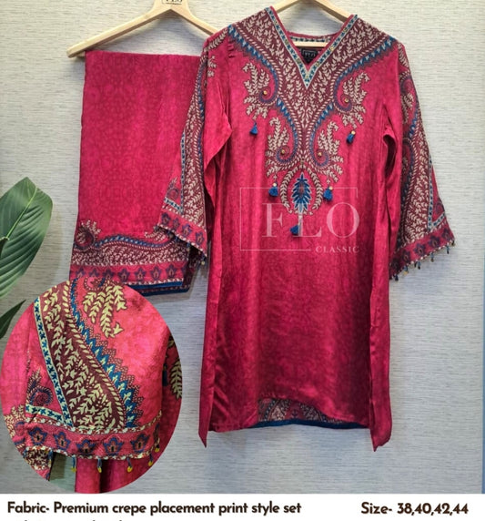 Pure crape placement print two piece cordset (B483)
