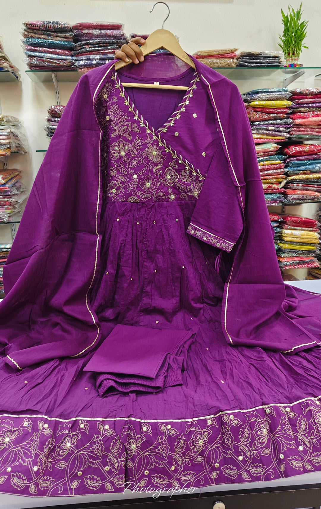 Purple pure cotton Angrakha pattern three piece set (A1145).