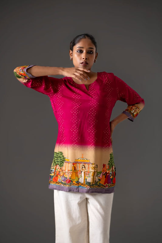 Hot pink  pichwai pure muslin top (A750)