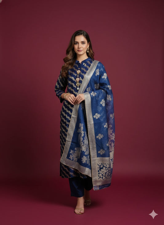 Blue dola silk with mul lining three piece set (A1534)