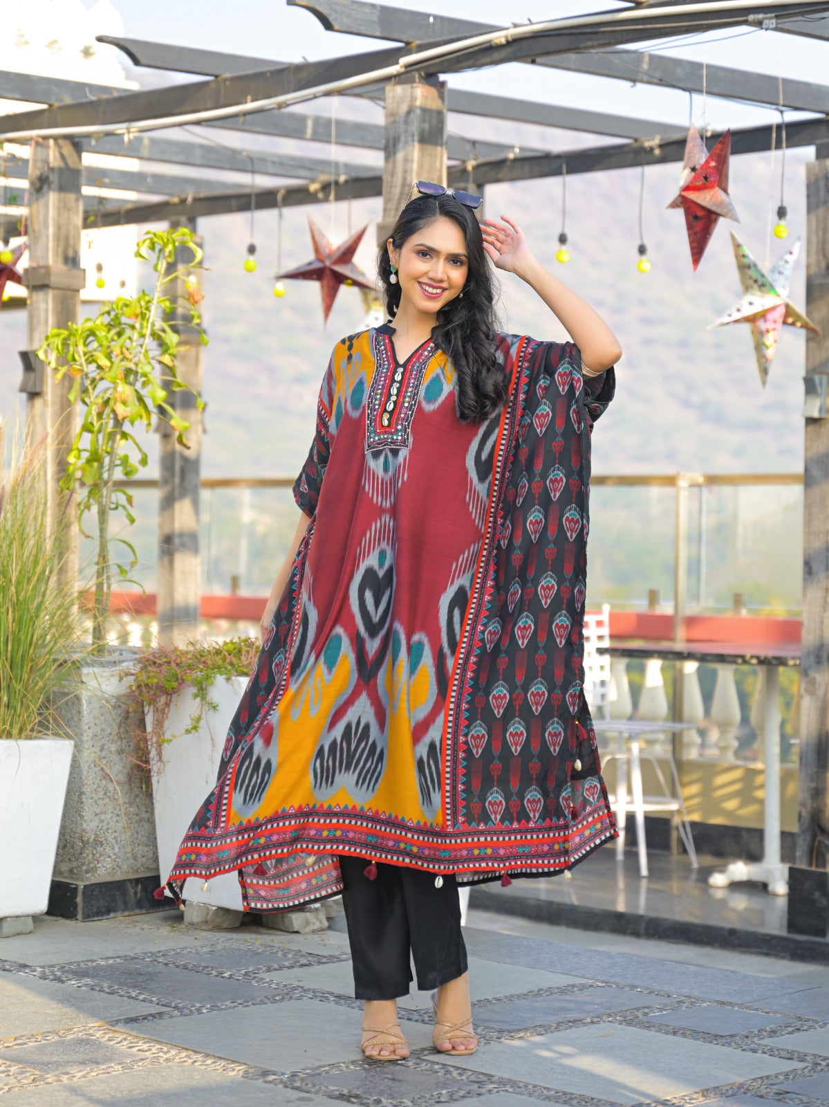 Pure muslin ikkat print smart kaftan set (A1759)