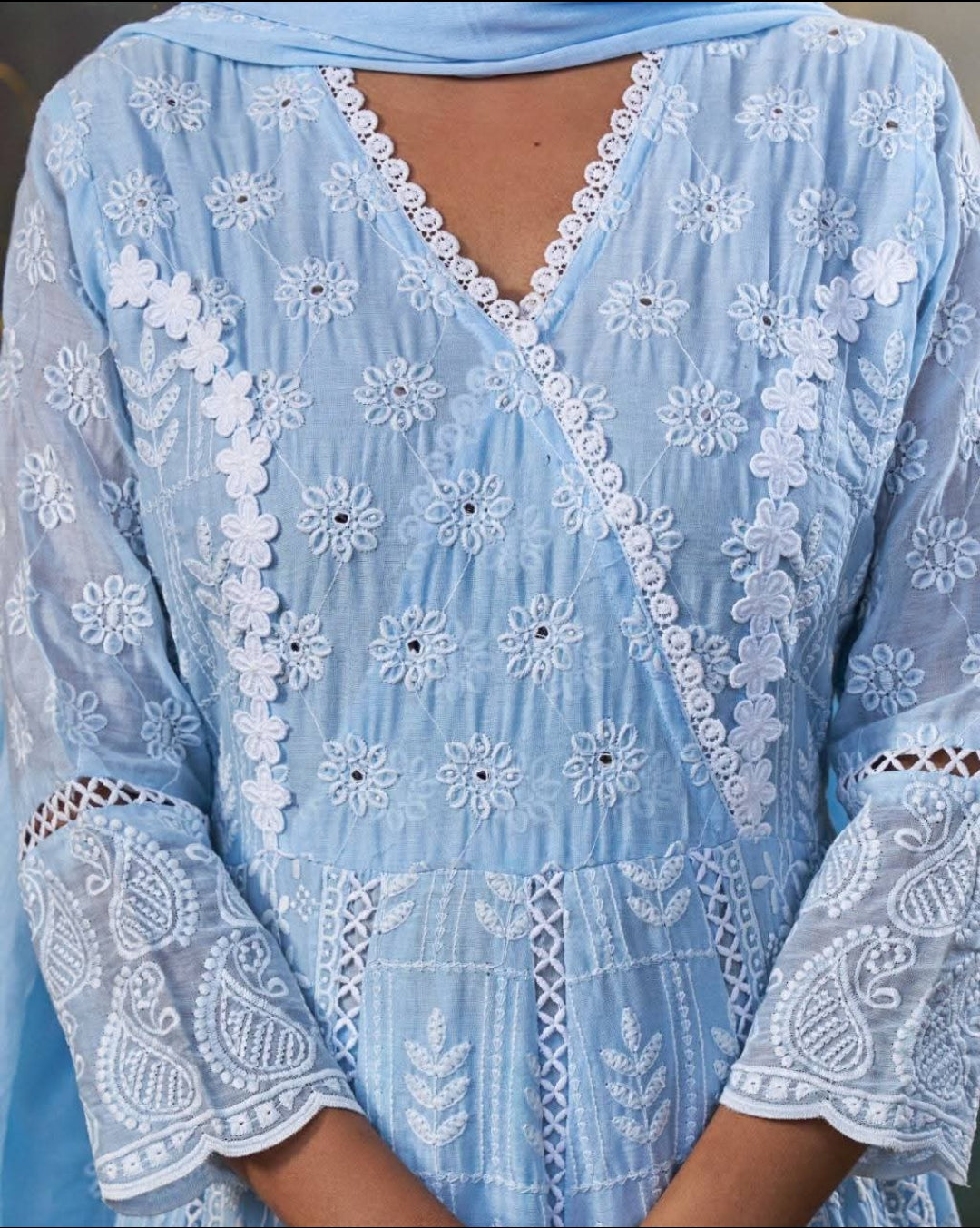Powder blue mul cotton fully thread work designer three piece anarkali (A583)