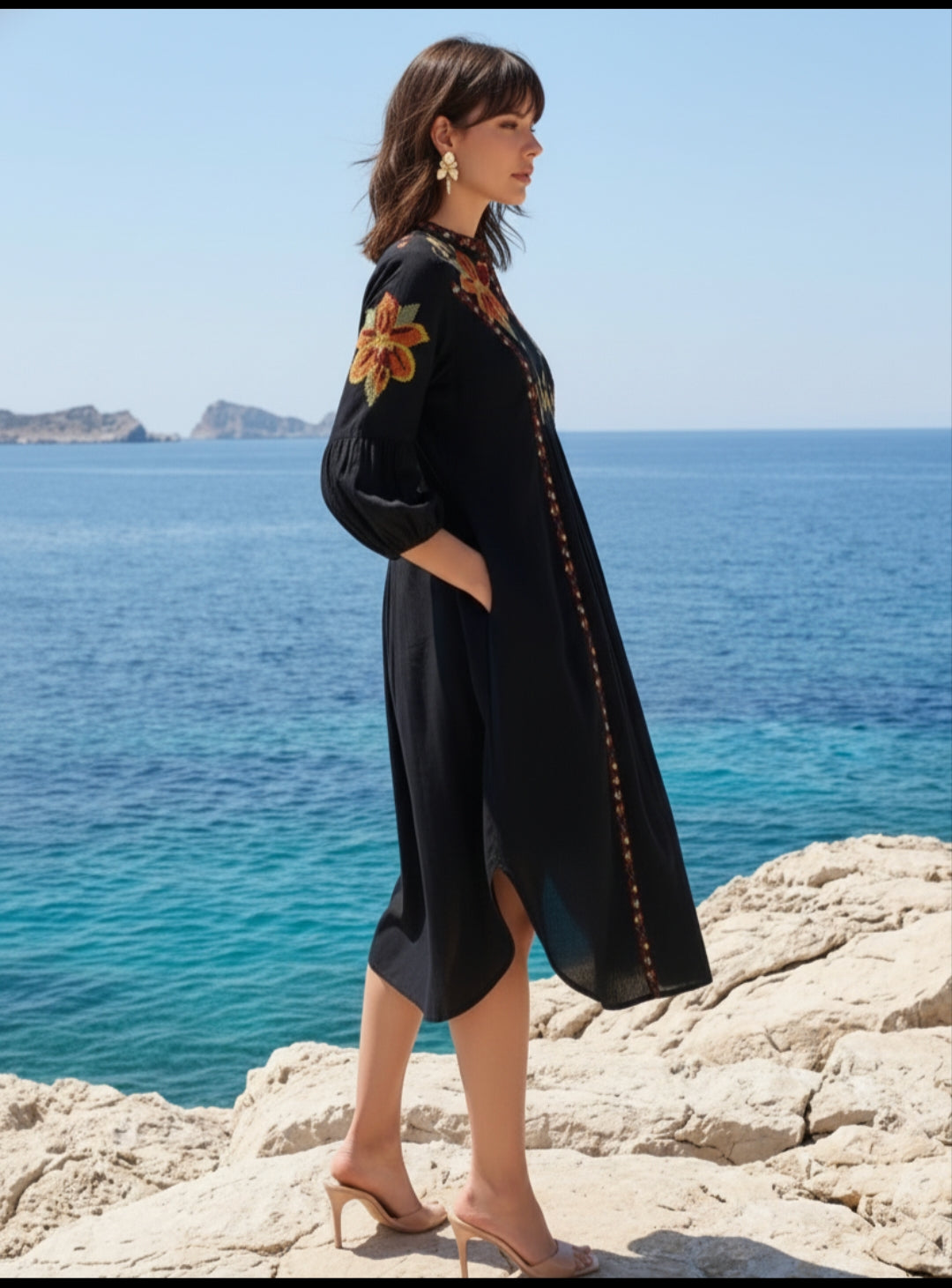 Black pure cotton with lining fully thread work one piece dress (S204)