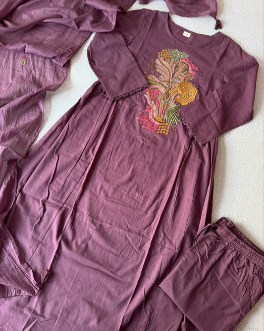 Purple pure cotton kashmiri embroidery three piece set (P1709)