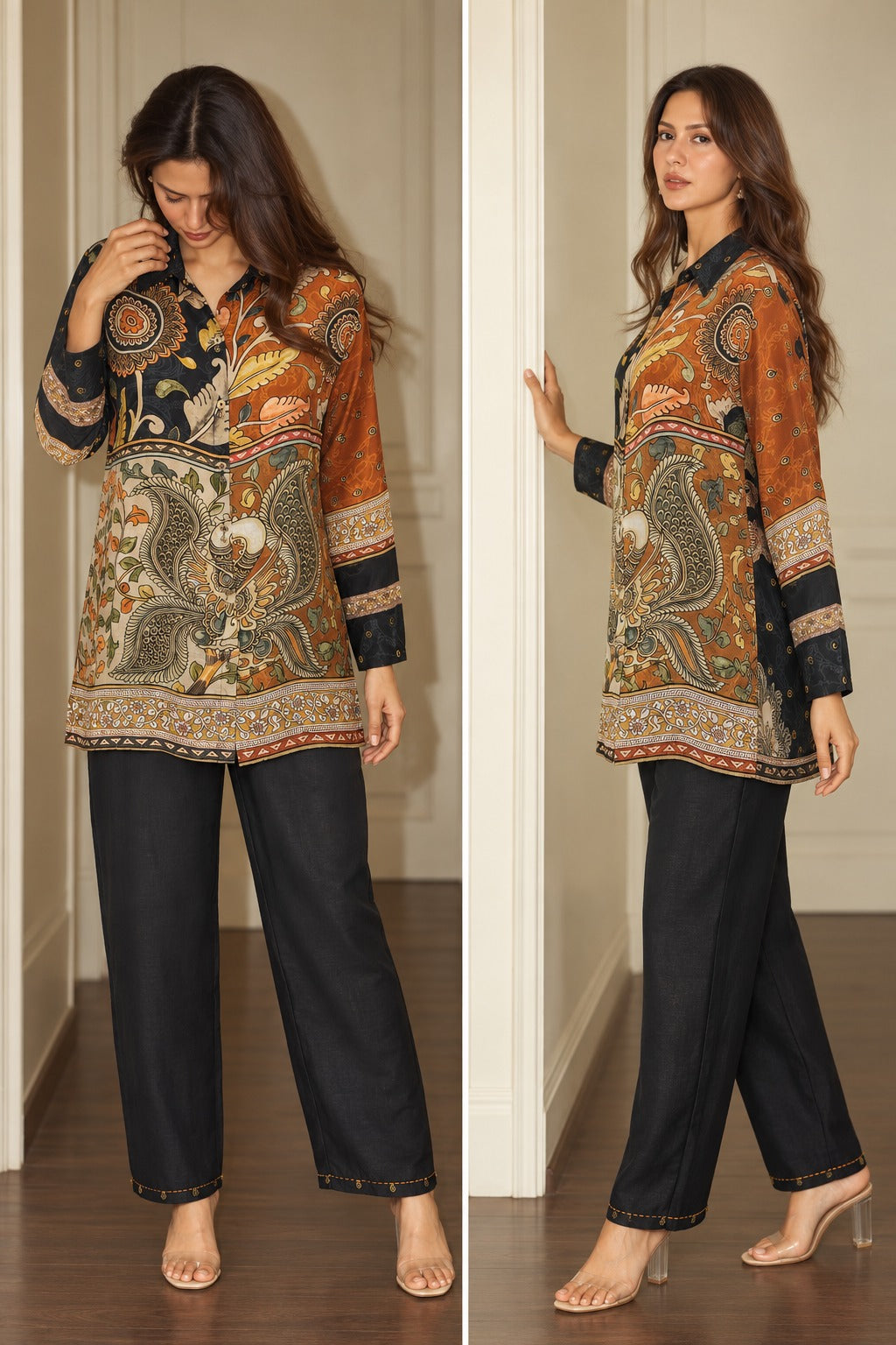 Pure crape kalamkari smart two piece cordset (C630)
