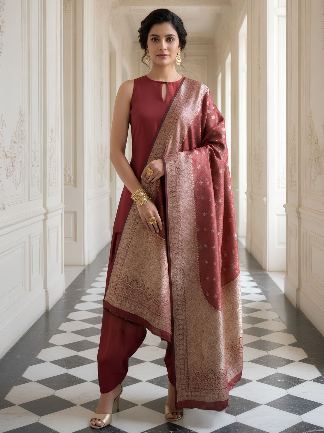 Muslin with banarasi dupatta and paired with farshi salwar three piece set (C669) (optional  sleeve)