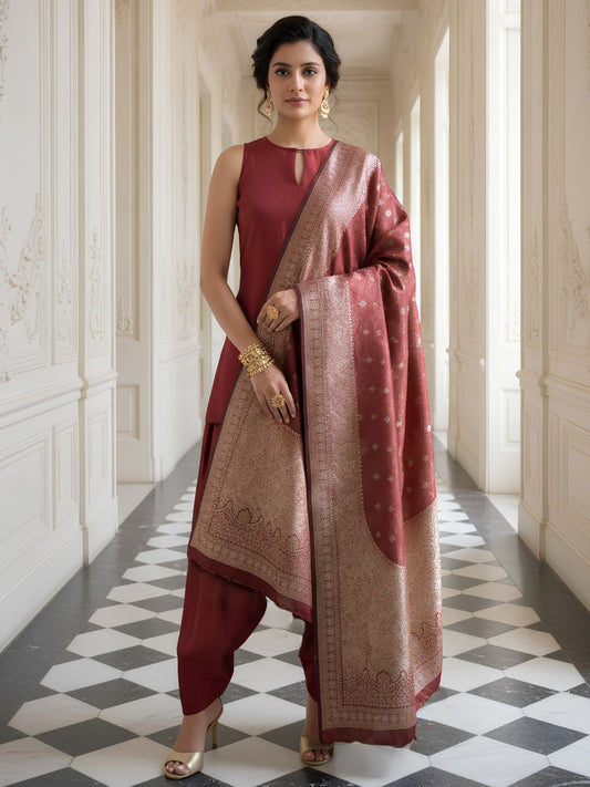 Muslin with banarasi dupatta and paired with farshi salwar three piece set (C669) (optional  sleeve)