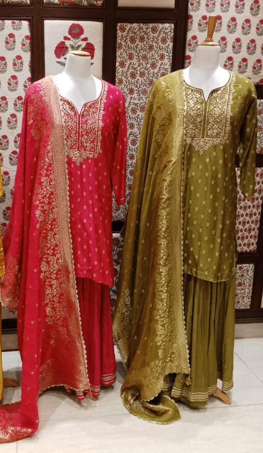 Rani pink pure banarsi silk with sharara three piece set (A1057)